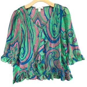 Anthropologie Trinity Blouse Womens M Green Silk Paisley Sheer Ruffle Retro Boho
